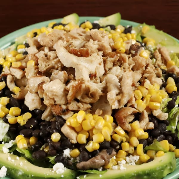 Sancho's Taqueria's chicken salad with corn, black beans, avocado, and crumbled cheese.